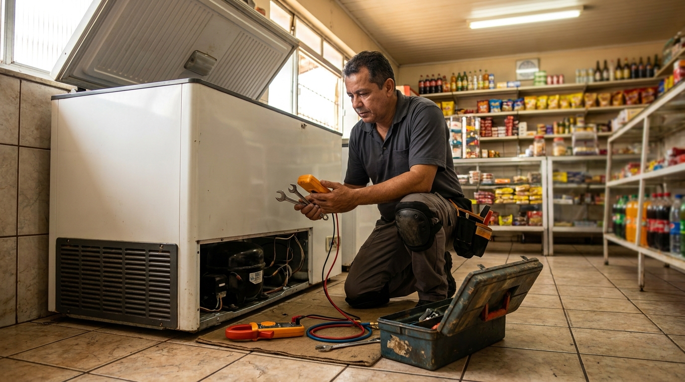 Profissional executando manutenção no motor de freezer em Franca‑SP