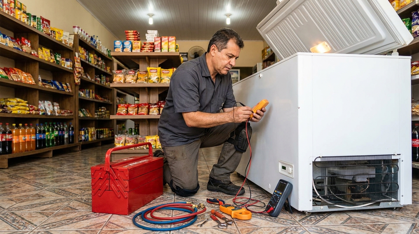 Recarga de gás refrigerante no freezer durante atendimento em Franca‑SP