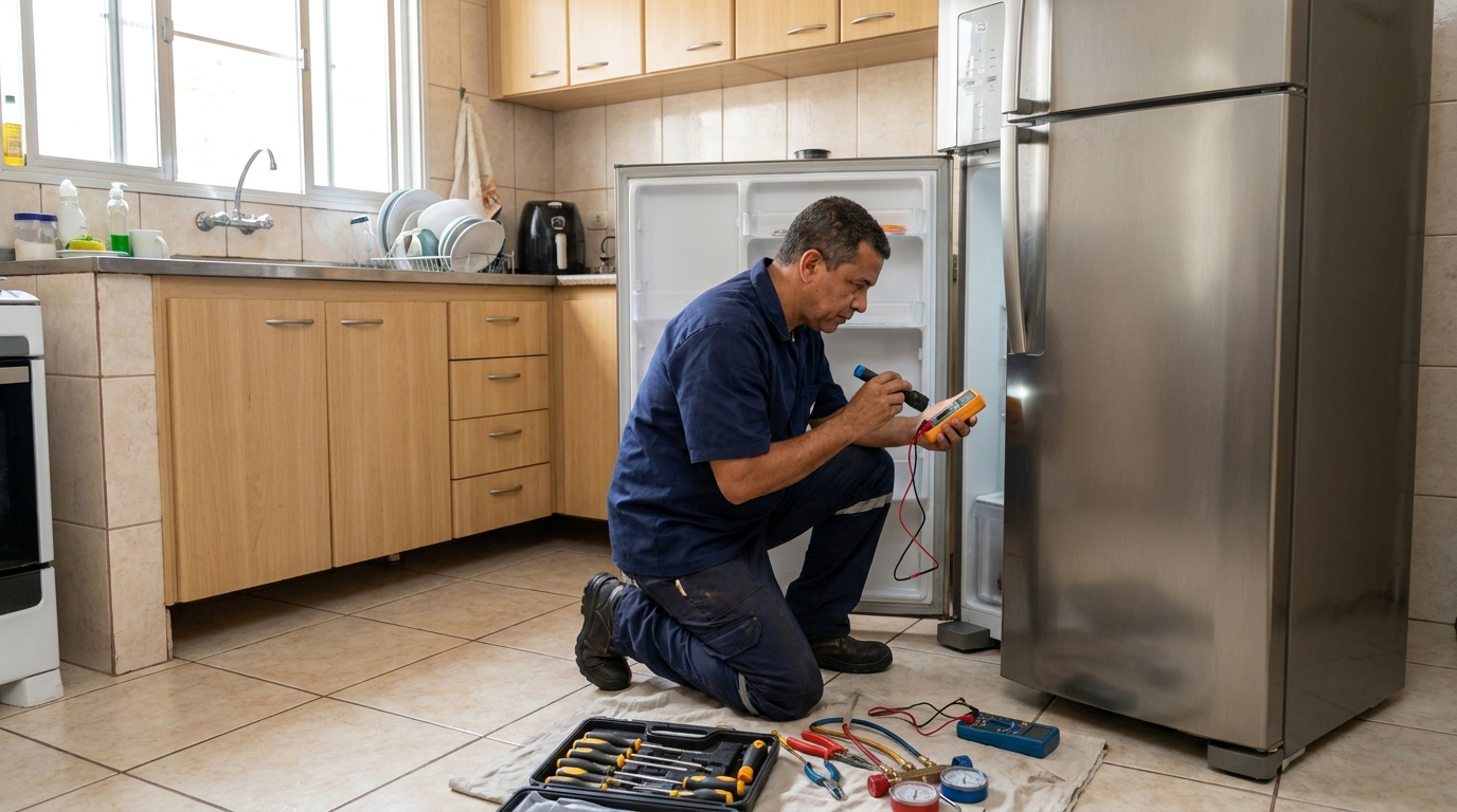 Técnico aplicando recarga de gás refrigerante em geladeira em Franca‑SP
